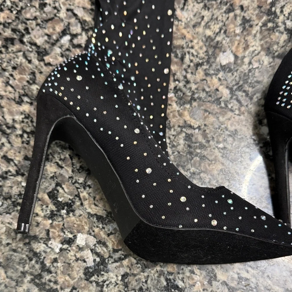Mix No. 6 Black Over the Knee high heel boots embellished Rhinestones NWT 7.5